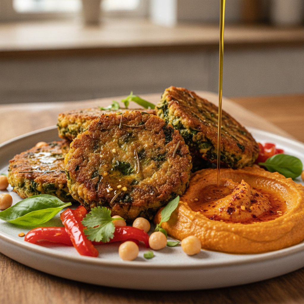 Herb-Infused Crispy Kale and Chickpea Crispers with Roasted Red Pepper Hummus