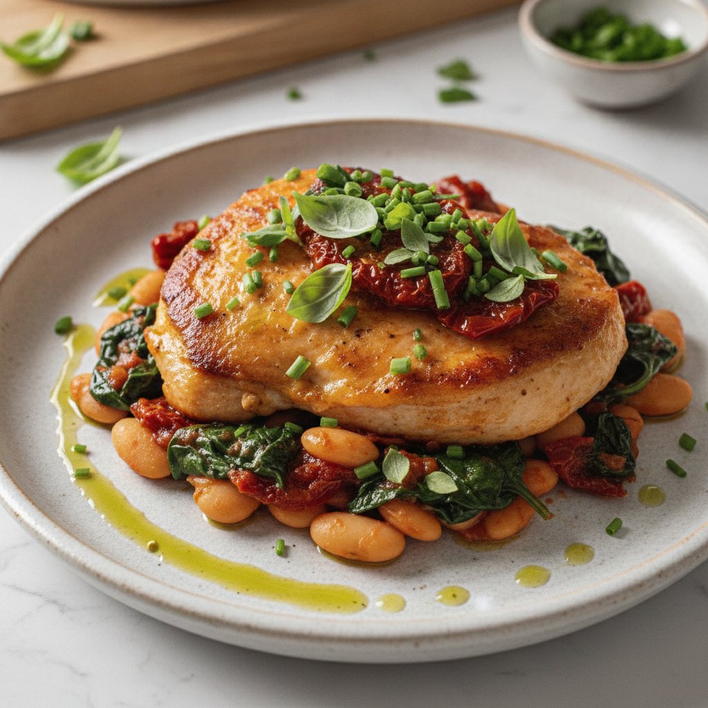 Herbaceous Sun-Dried Tomato & White Bean Chicken Skillet with Wilted Spinach