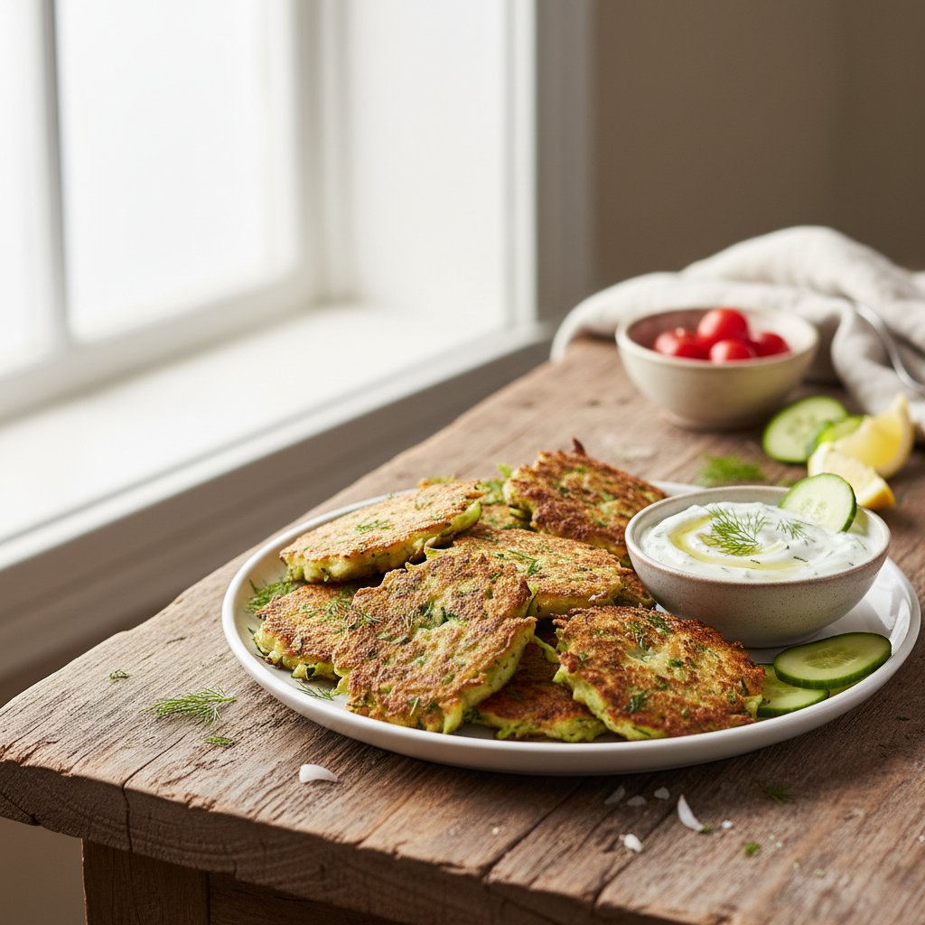 Herbed Mediterranean Zucchini Fritters with Tzatziki Dip