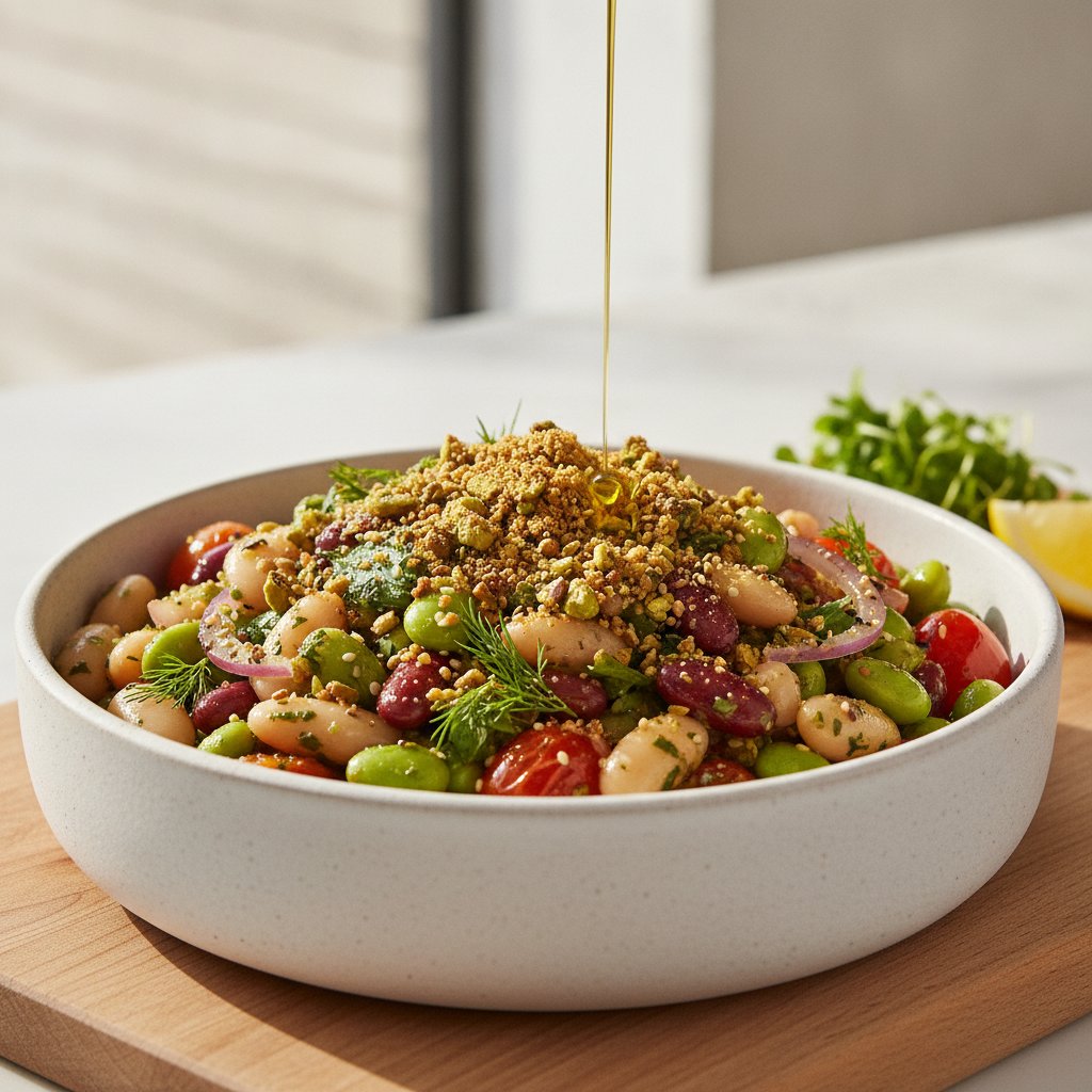 Herby Marinated Three-Bean Delight with Crunchy Pistachio Dukkah
