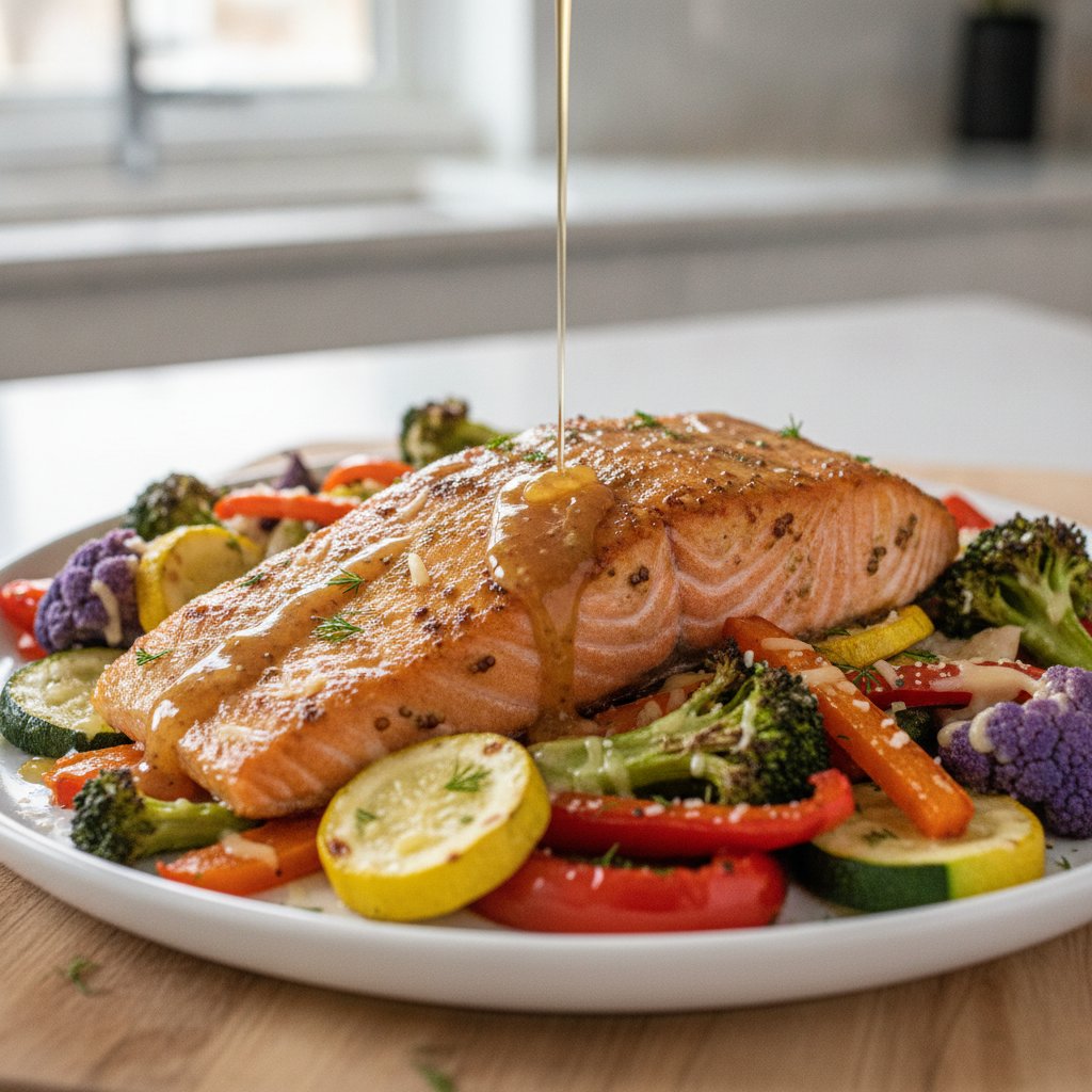 Honey-Mustard Glazed Salmon and Rainbow Veggie Sheet-Pan Bake