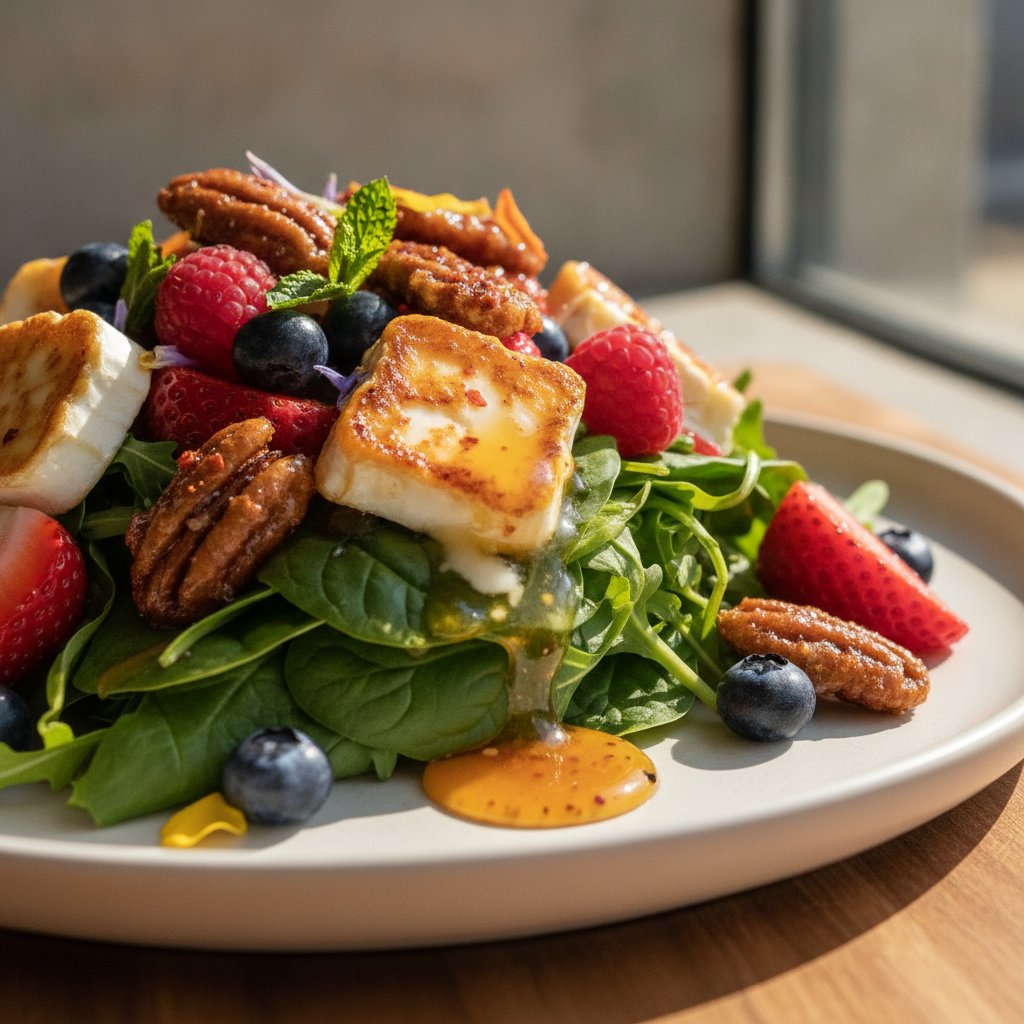 Hot Honey Balsamic Berry Salad with Spicy Candied Pecans