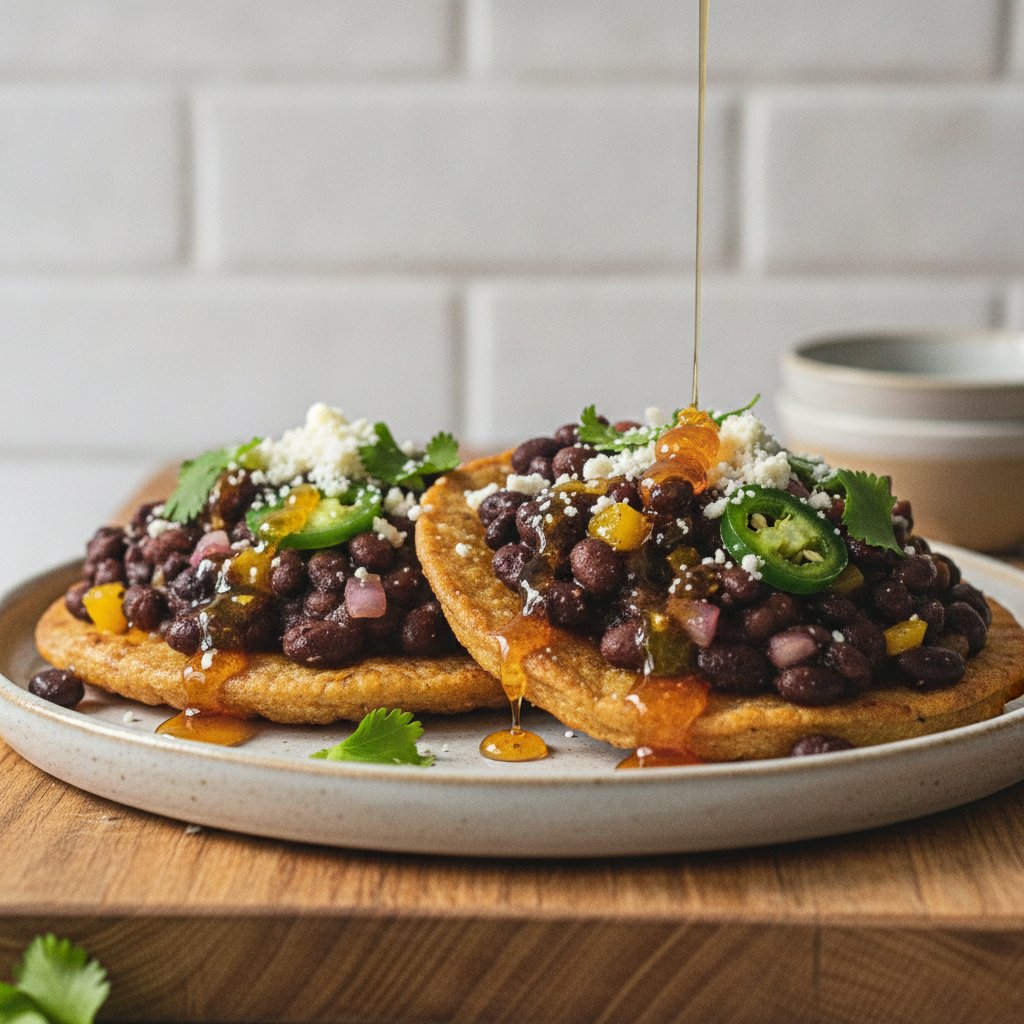 Tostadas de frijoles negros con miel picante