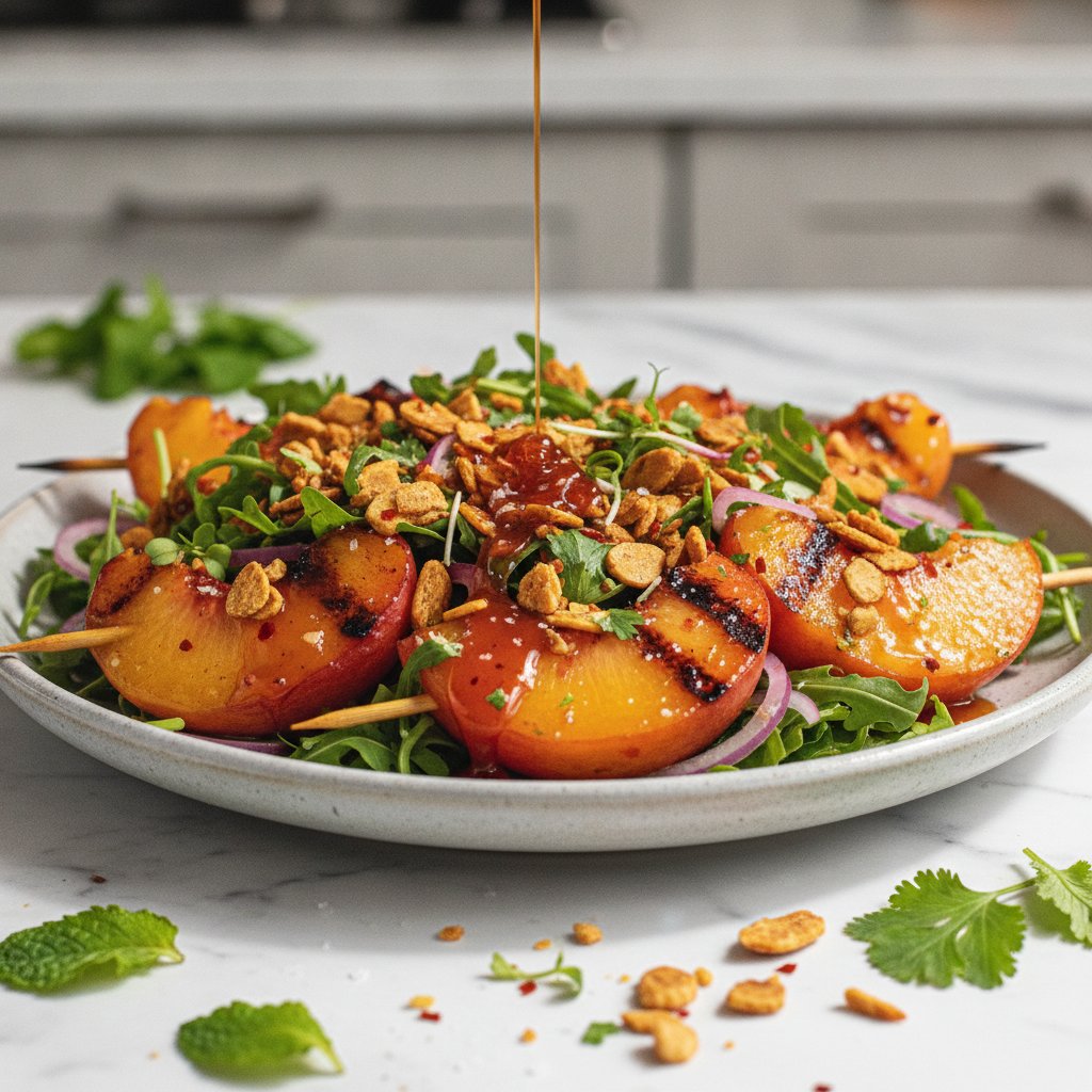 Hot Honey-Sriracha Grilled Peach Salad with Spiced Almond Crunch