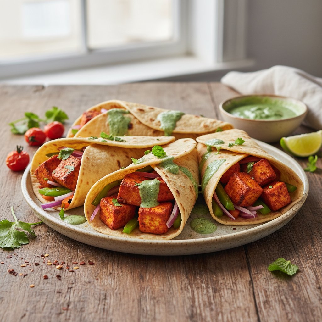 Indian Spiced Paneer Tikka Wraps with Mint Chutney