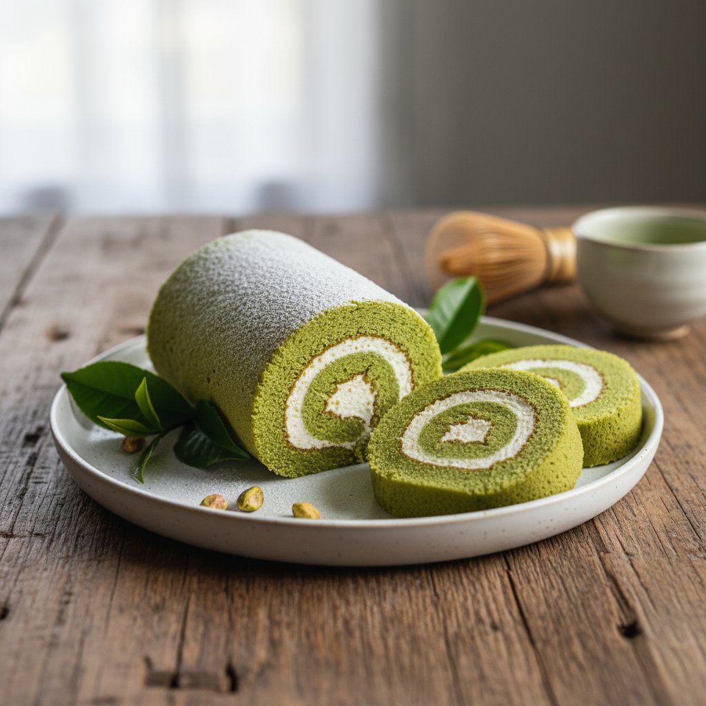 Japanese Matcha Roll Cake with Cream Filling