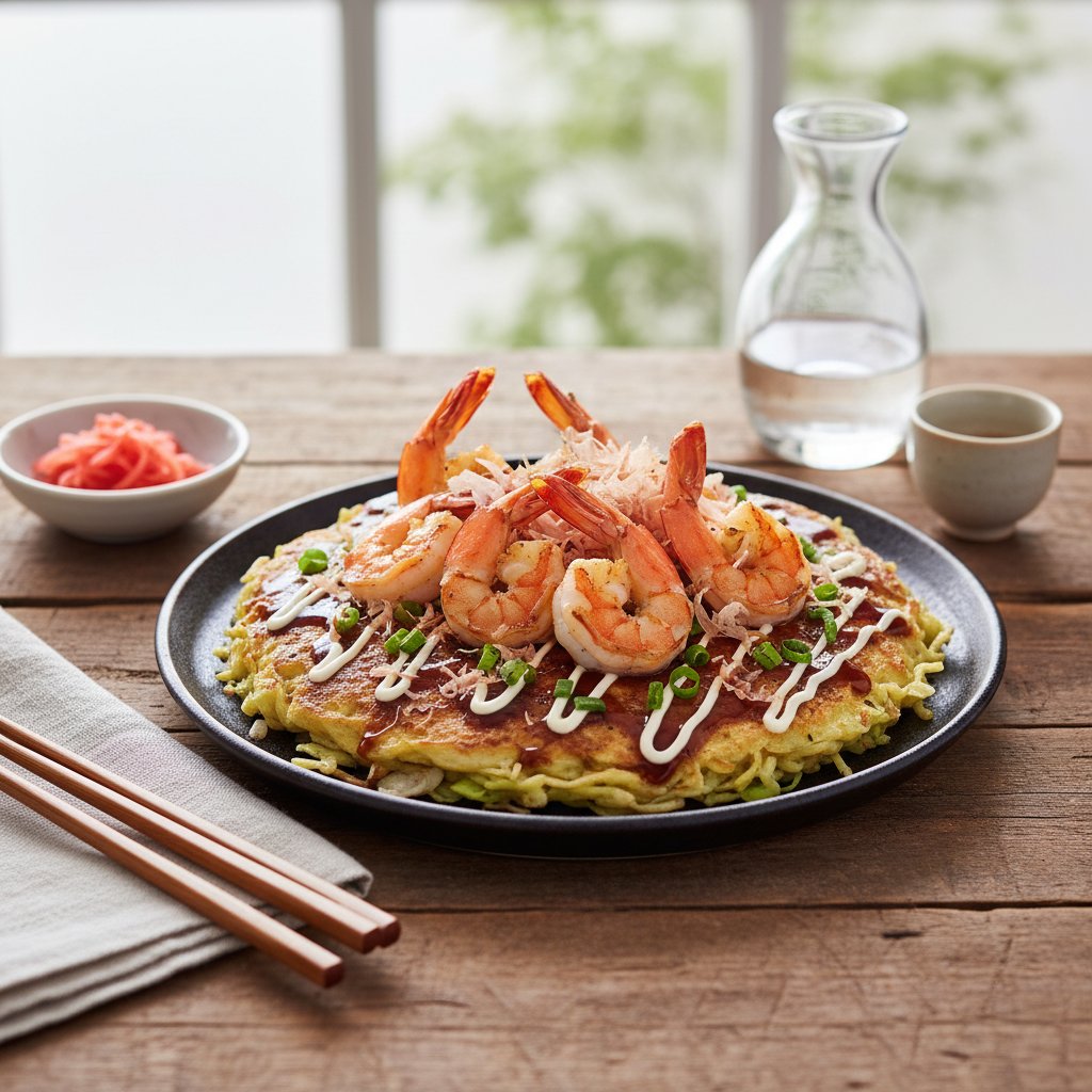 Japanese Okonomiyaki with Shrimp