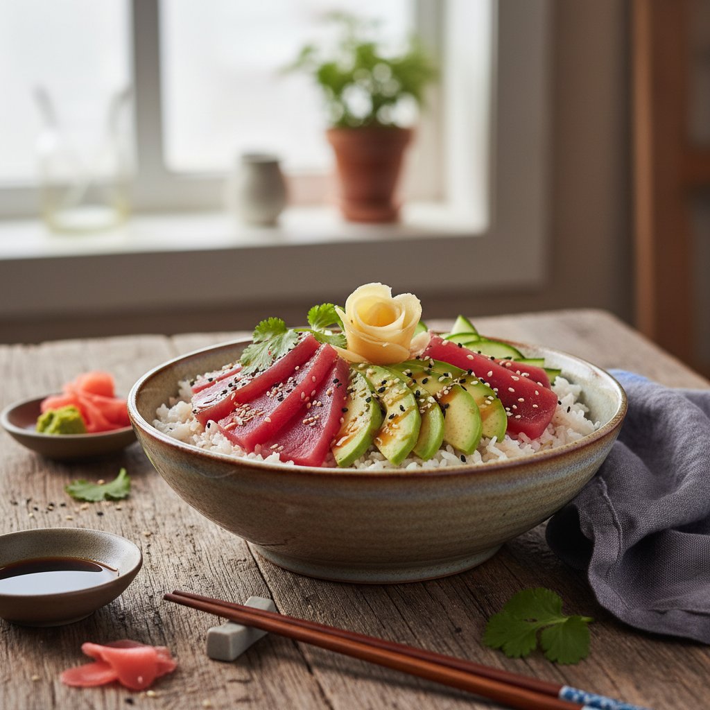 Japanese Sushi Bowl with Avocado and Tuna