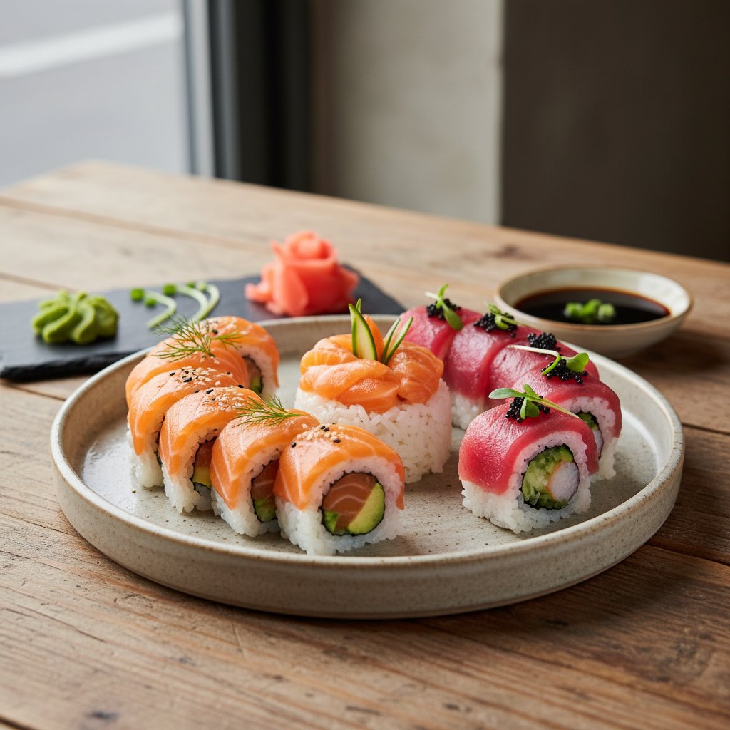 Japanese Sushi Rolls with Fresh Salmon and Ahi Tuna