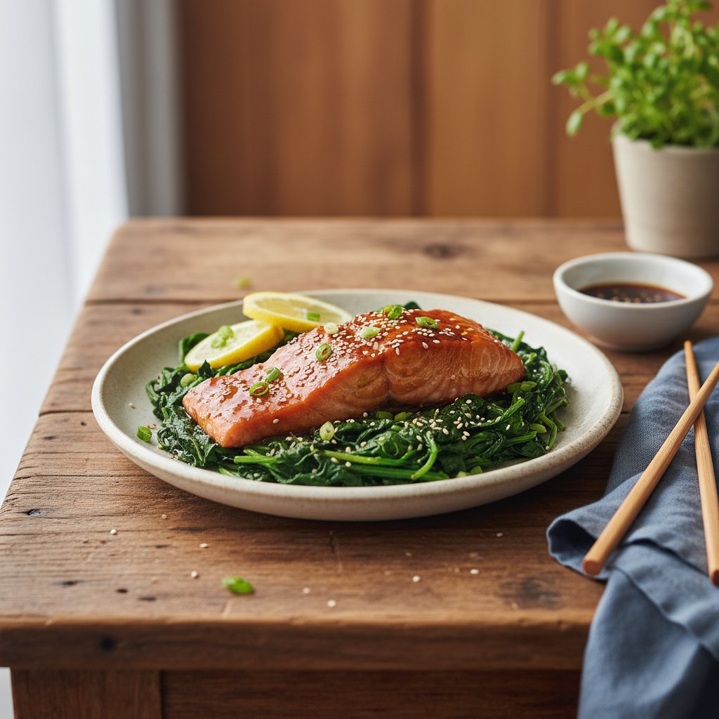 Japanese Teriyaki Glazed Salmon with Sesame Spinach