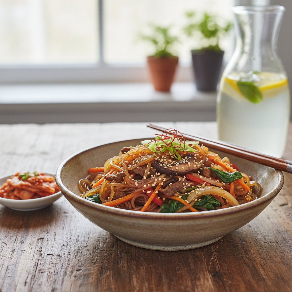 Korean Japchae Noodles with Stir-Fried Vegetables