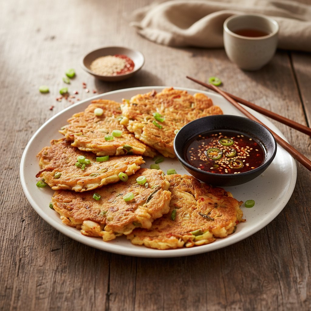 Korean Kimchi Pancakes with Spicy Dipping Sauce