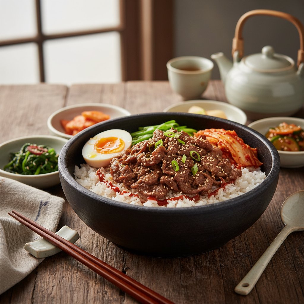 Korean Rice Bowl with Bulgogi and Kimchi
