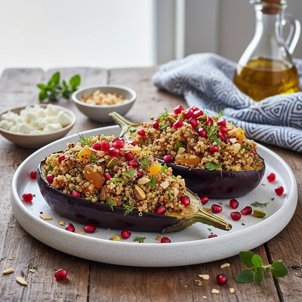 Lavish Mediterranean Stuffed Eggplant with Herbed Quinoa and Pomegranate