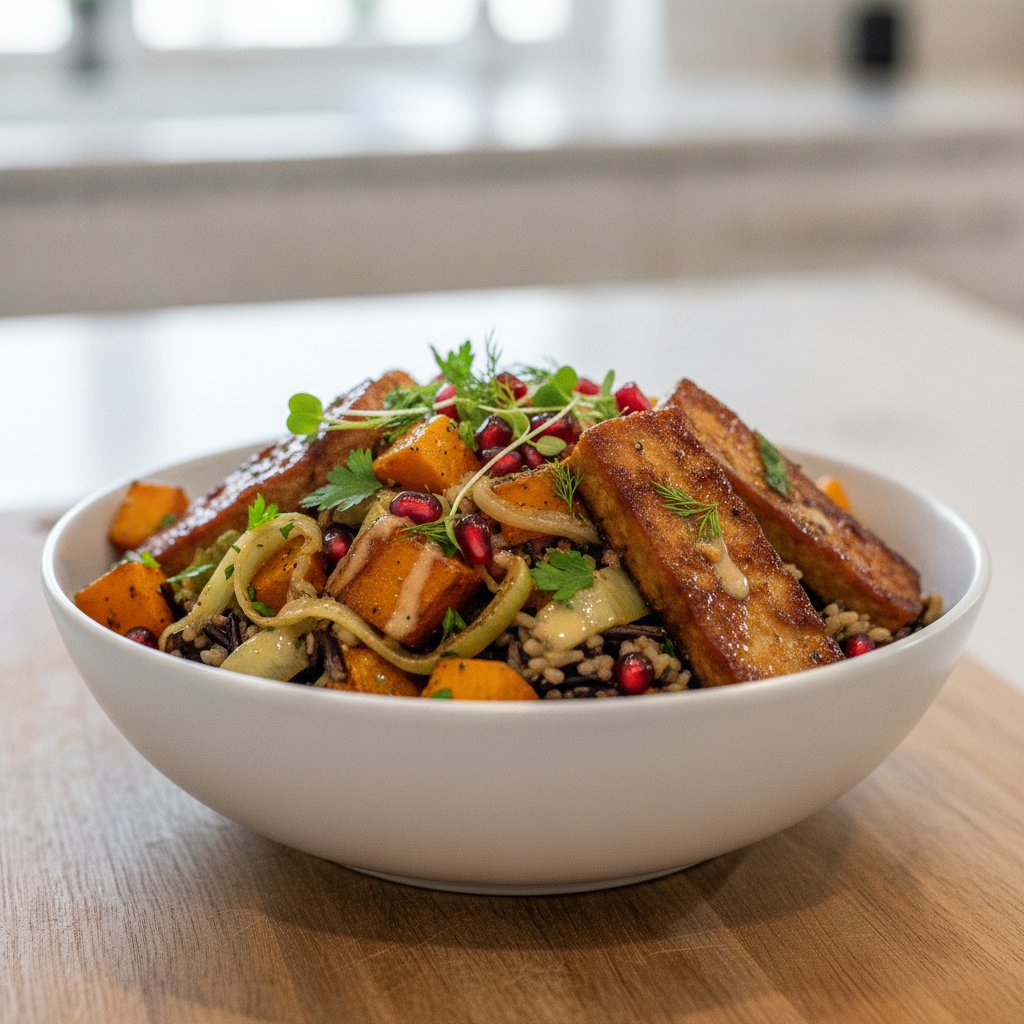 Tazón otoñal de arroz integral con puerro y tempeh