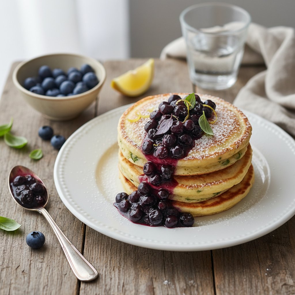 Lemon Basil Ricotta Pancakes with Italian Blueberry Compote