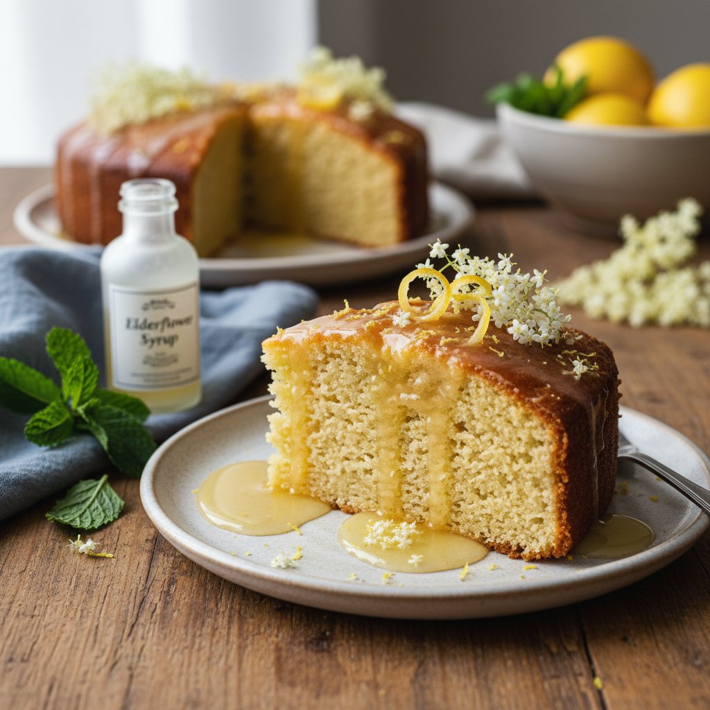 Lemon Drizzle Ricotta Cake with Elderflower Syrup