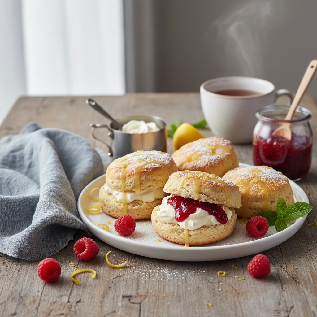 Lemon Drizzle Scones with Clotted Cream and Raspberry Preserve
