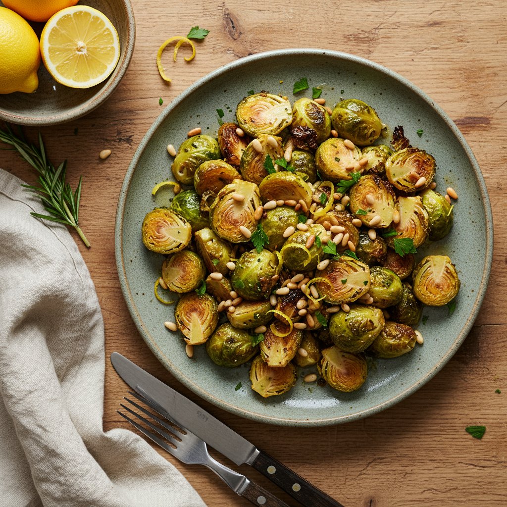 Lemon-Garlic Roasted Brussels Sprouts with Pine Nuts