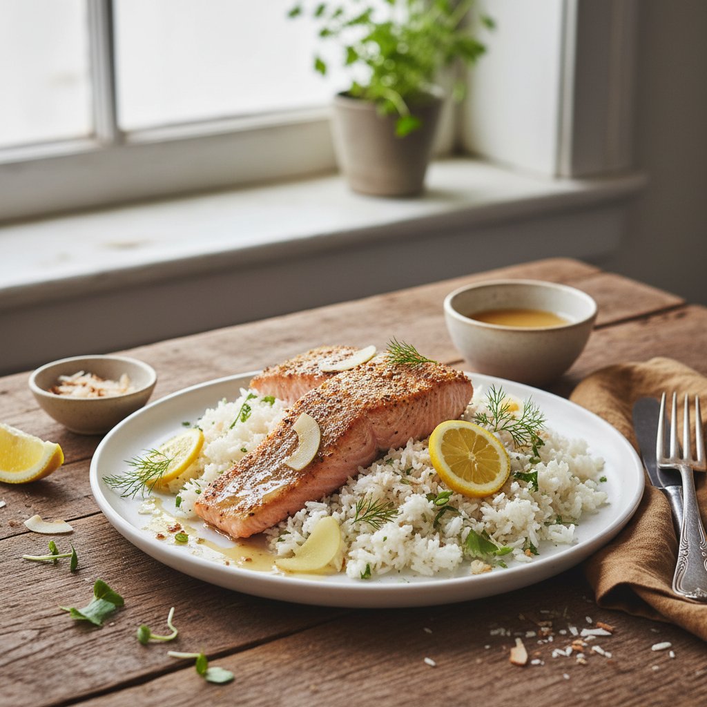 Lemon Ginger Pan-Seared Salmon with Coconut Jasmine Rice