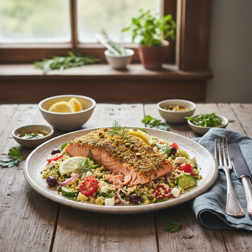 Lemon Herb Crusted Salmon with Mediterranean Couscous