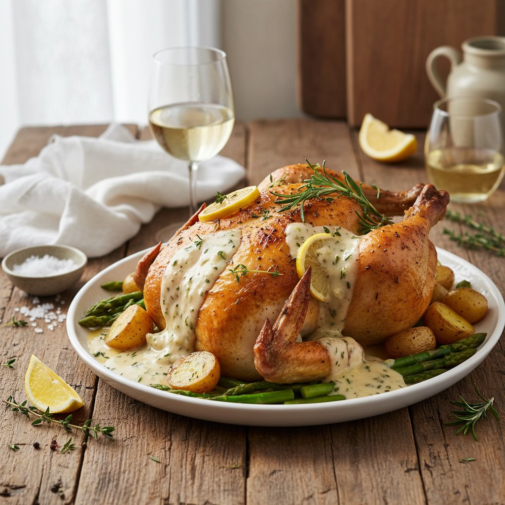 Lemon Herb Roast Chicken with White Wine Pan Sauce