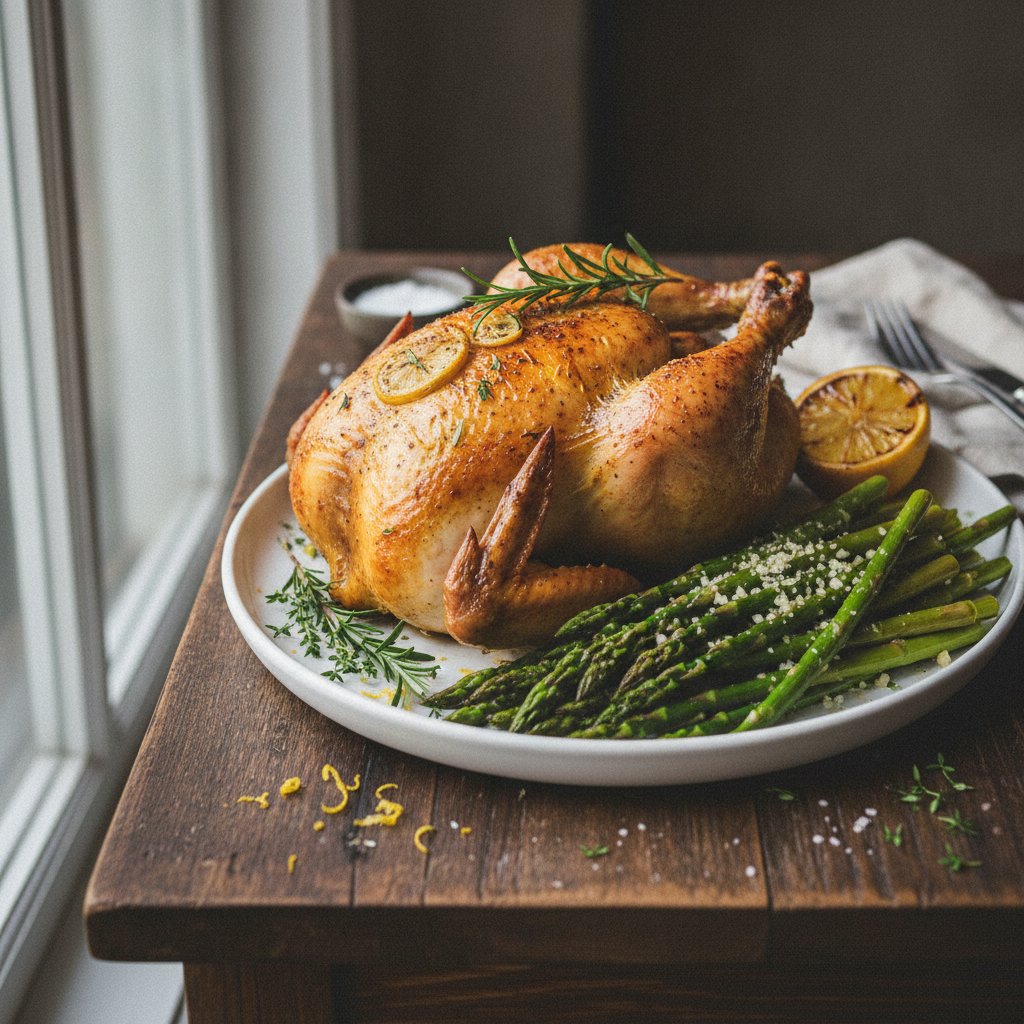 Lemon Herb Roasted Chicken with Garlic Parmesan Asparagus