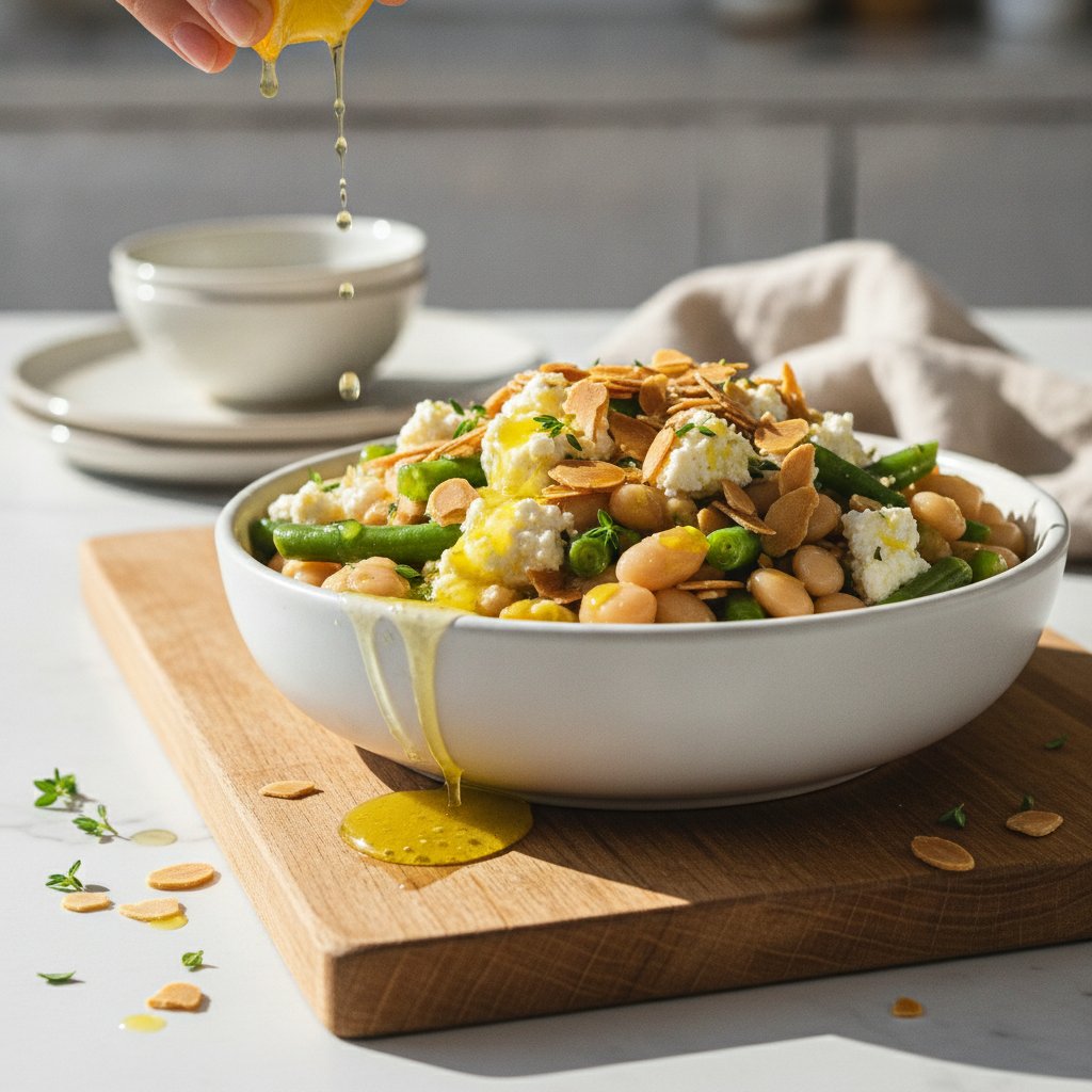 Lemon-Thyme Marinated Bean Salad with Toasted Almonds and Feta