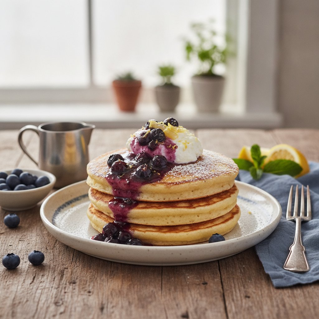 Luscious Lemon Ricotta Pancakes with Blueberry Maple Syrup