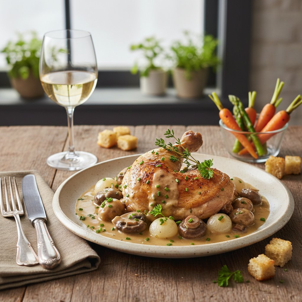 Luxurious French Coq au Vin Blanc with Velvety Mushroom Sauce