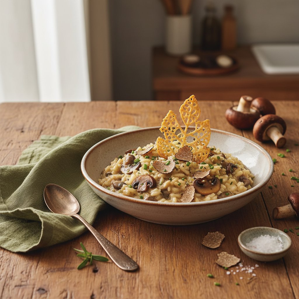 Luxurious Truffle Mushroom Risotto with Parmesan Crisp