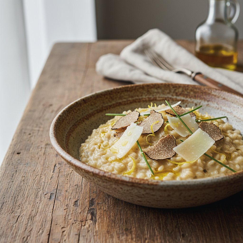 Luxurious Truffle Risotto with Lemon-Infused Olive Oil and Parmesan Shards