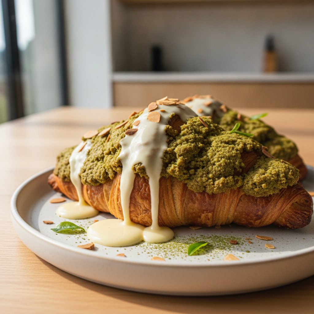 Matcha Almond Cookie Croissants with White Chocolate Drizzle