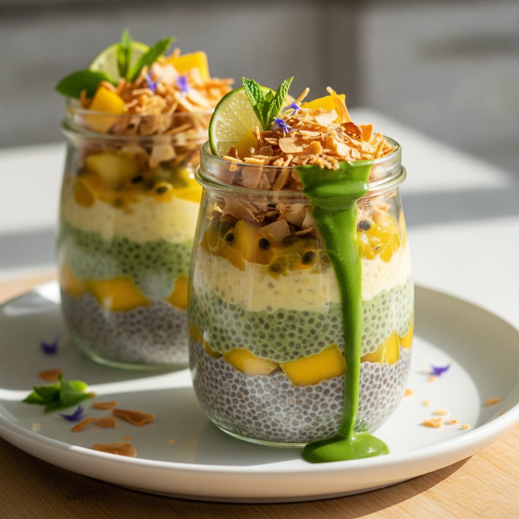Matcha Citrus Chia Parfaits with Tropical Fruit and Toasted Coconut