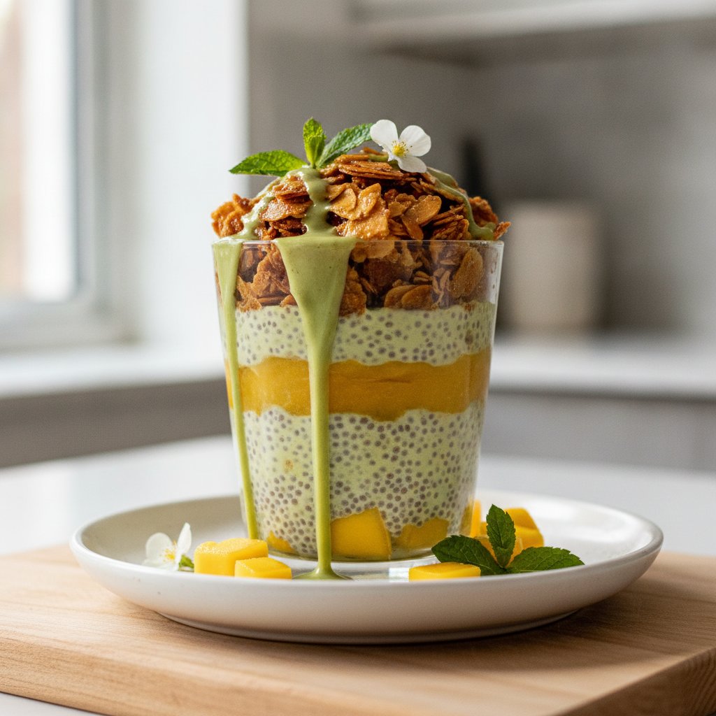 Matcha-Mango Lassi Chia Pudding with Almond Crunch