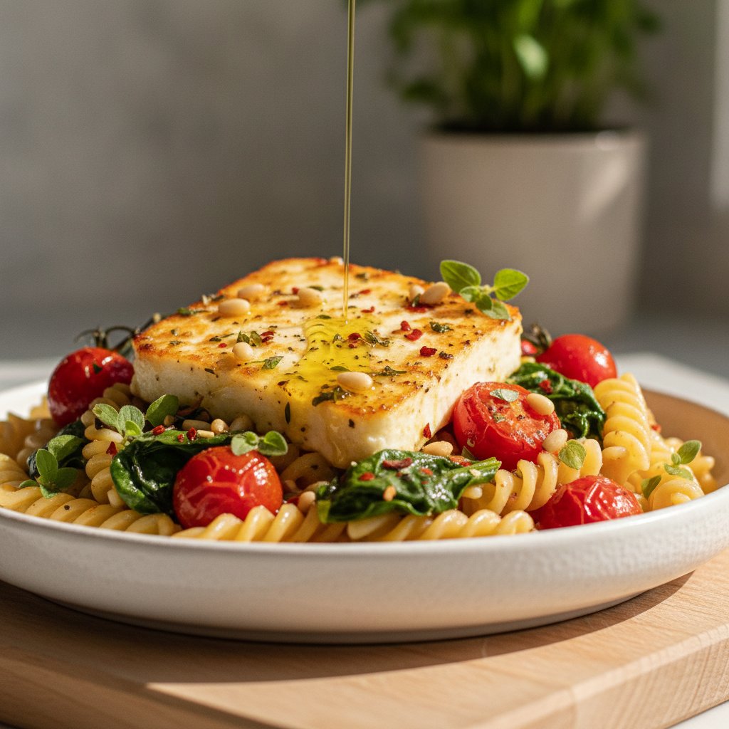 Mediterranean Aromatic Baked Feta Pasta with Roasted Cherry Tomatoes and Spinach
