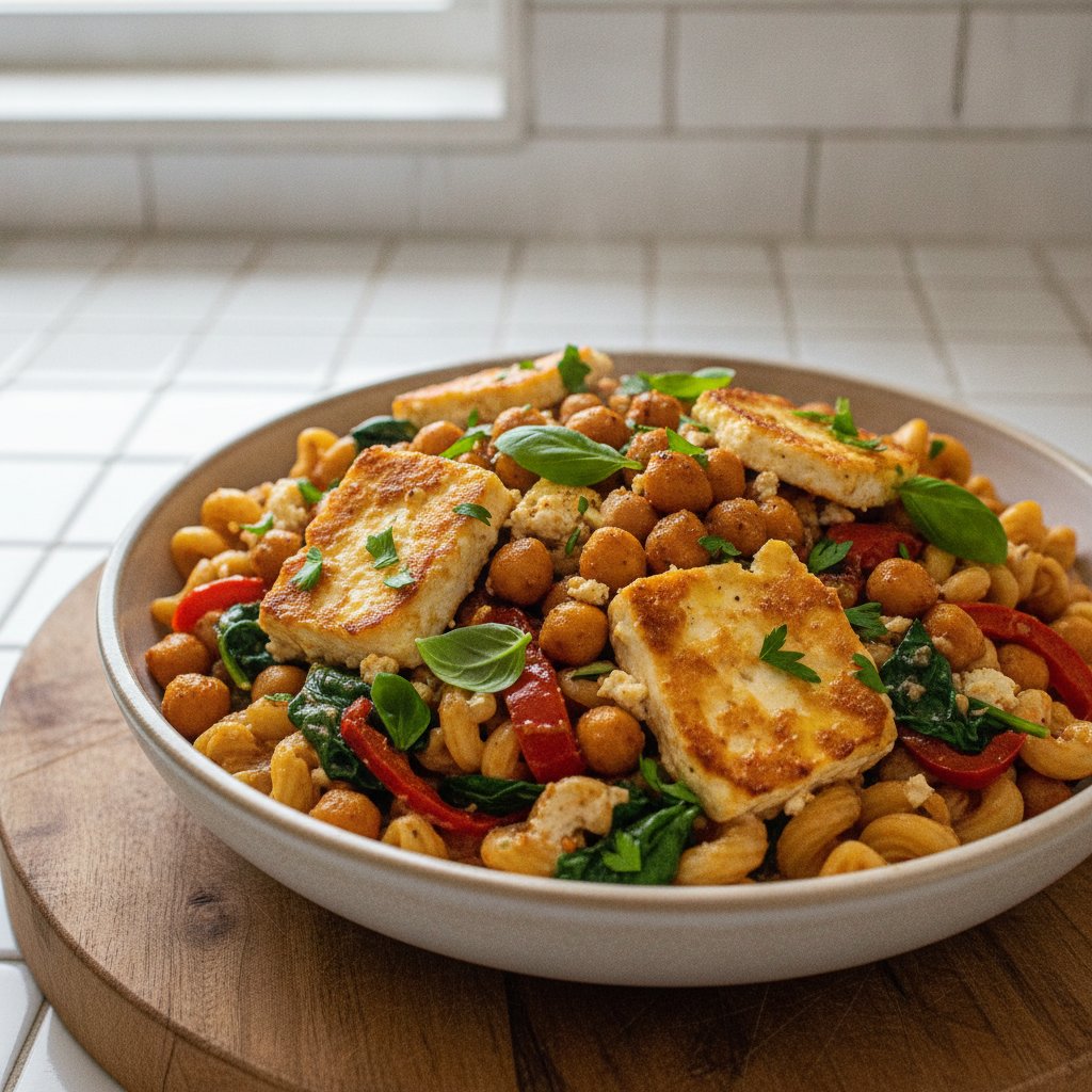 Mediterranean Baked Feta and Chickpea Pasta with Roasted Red Peppers and Spinach