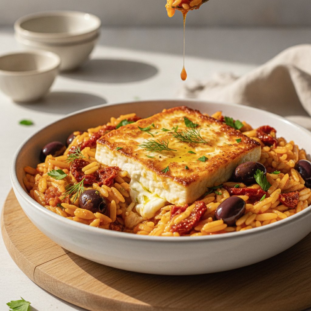 Mediterranean Baked Feta Orzo with Sun-Dried Tomatoes and Olives