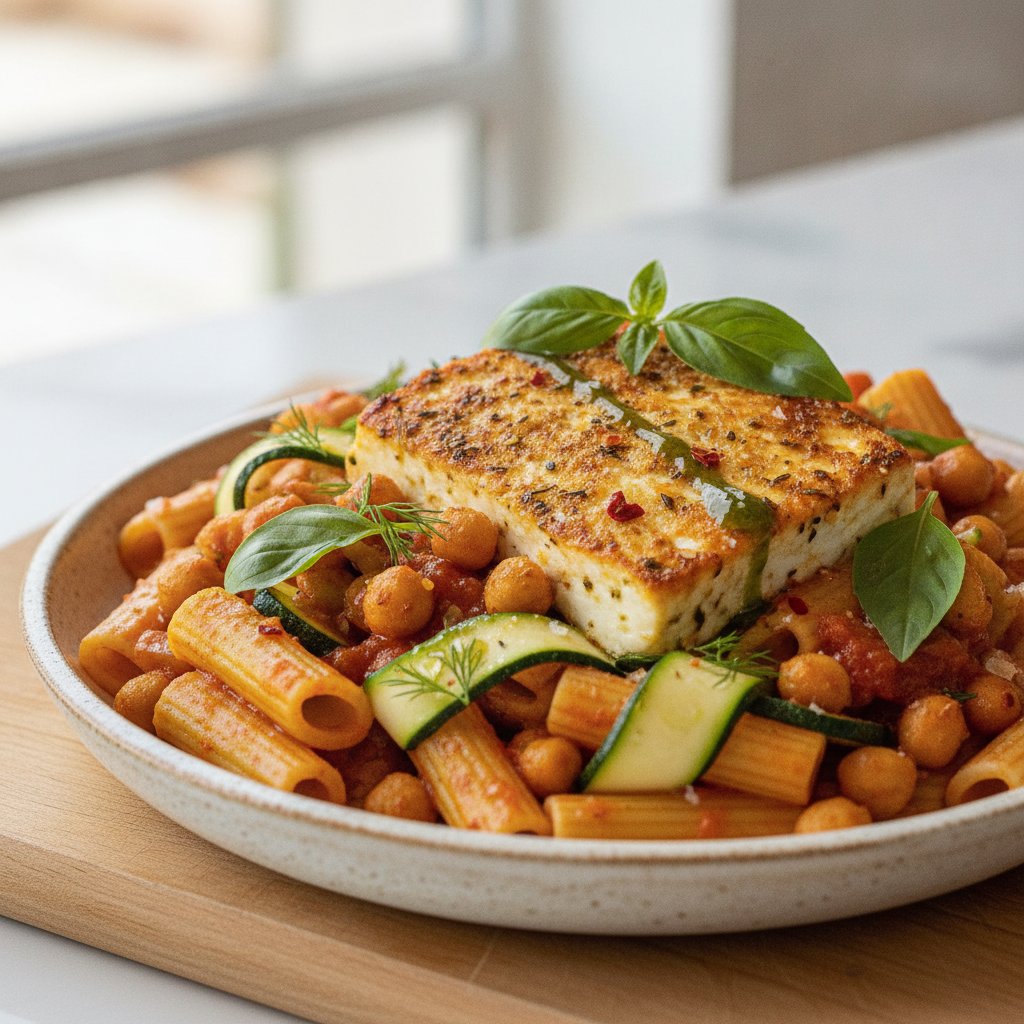 Mediterranean Baked Feta Pasta with Spiced Chickpeas and Zucchini Ribbons