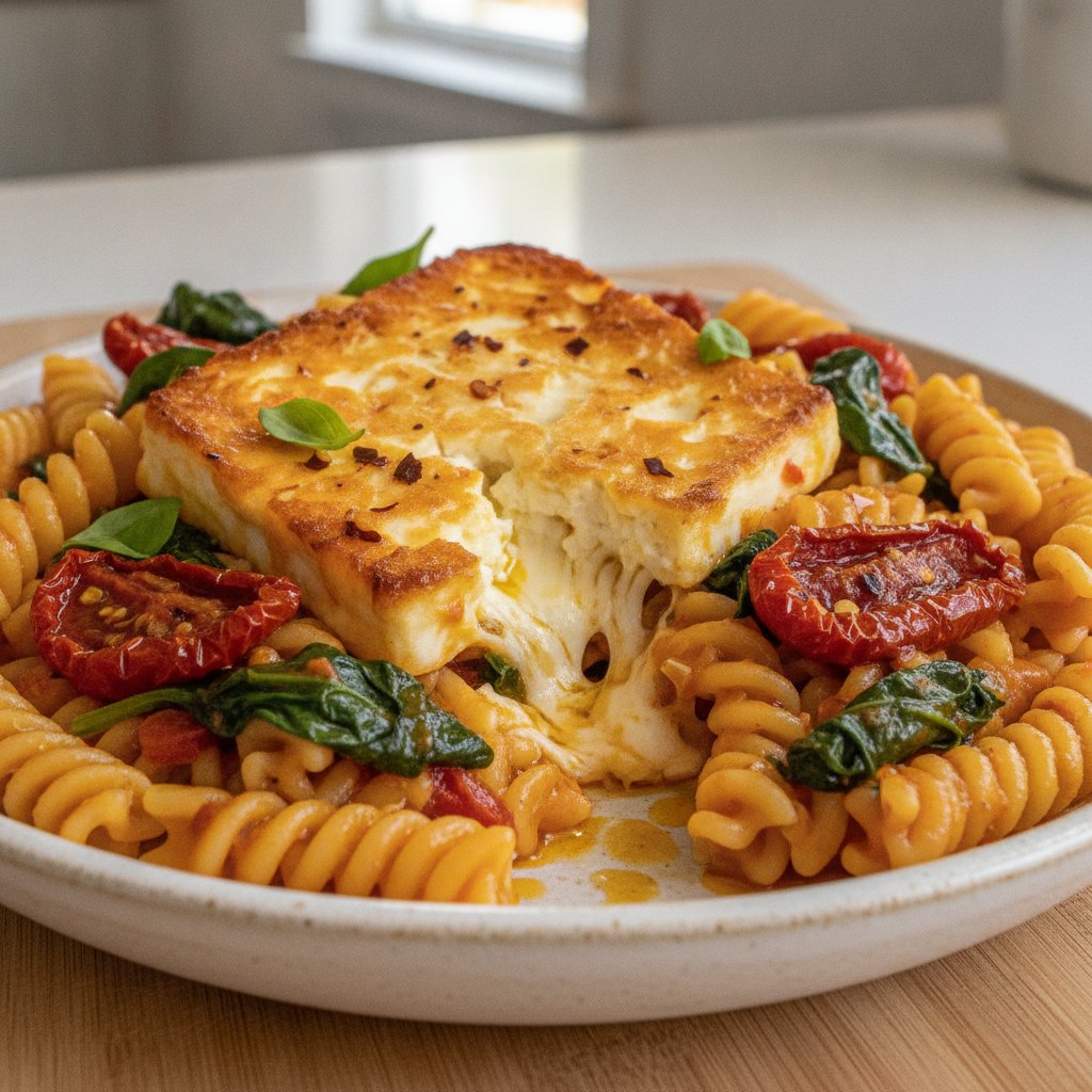 Mediterranean Baked Feta Pasta with Sun-Dried Tomatoes and Spinach