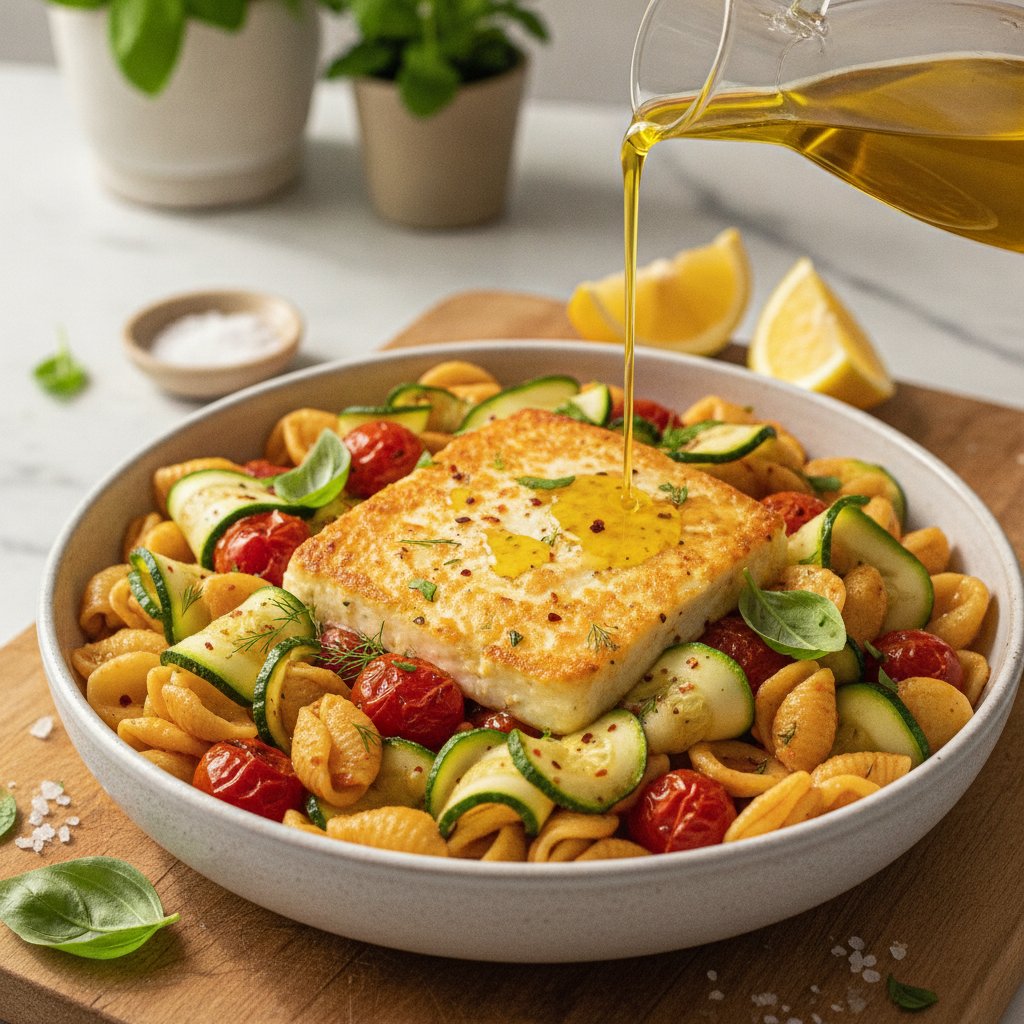 Mediterranean Baked Feta Pasta with Zucchini Ribbons and Lemon-Infused Olive Oil
