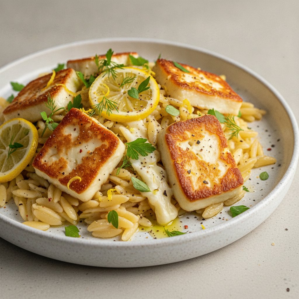 Mediterranean Baked Halloumi Orzo with Zesty Lemon and Herbs
