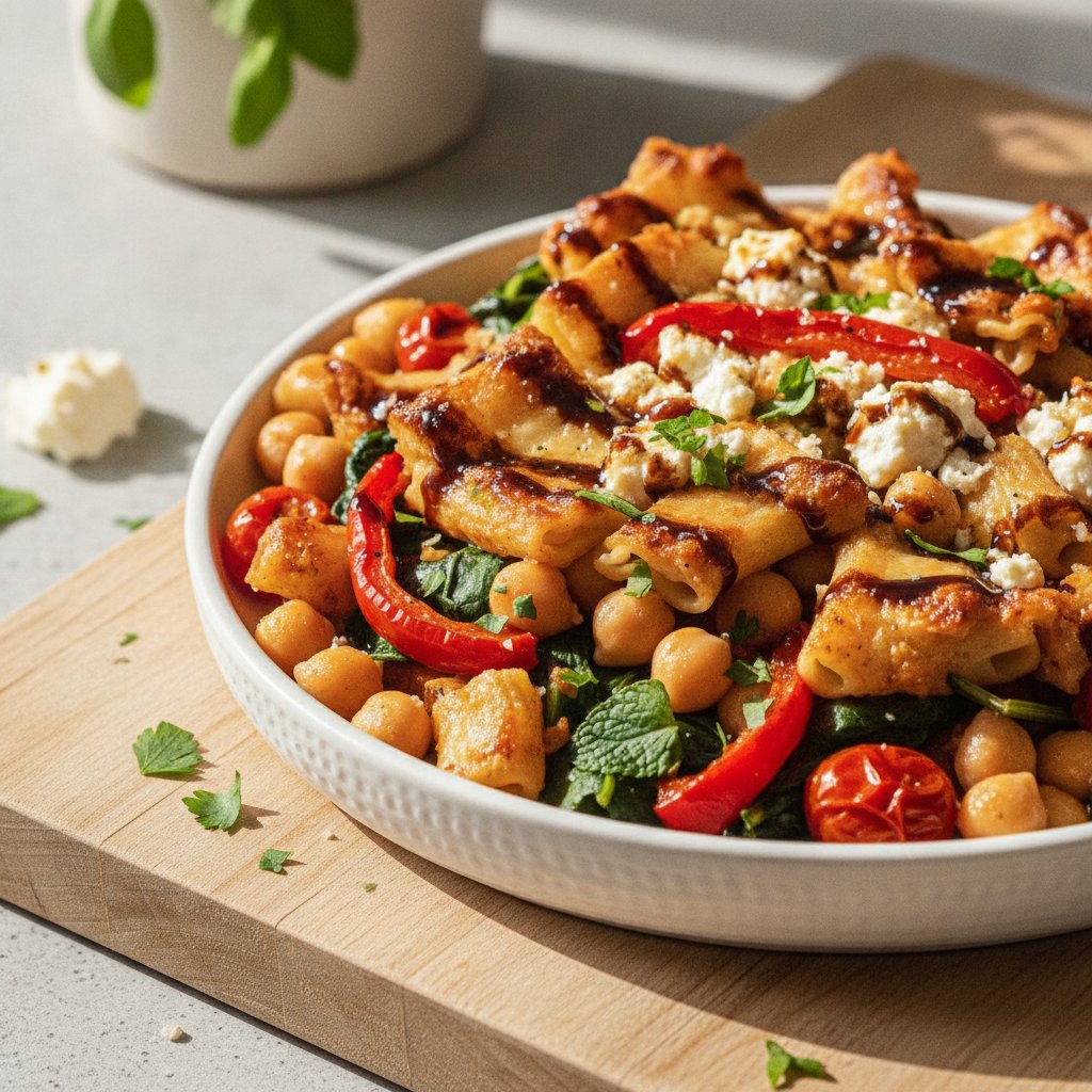 Mediterranean Balsamic Feta and Chickpea Pasta Bake with Roasted Red Peppers