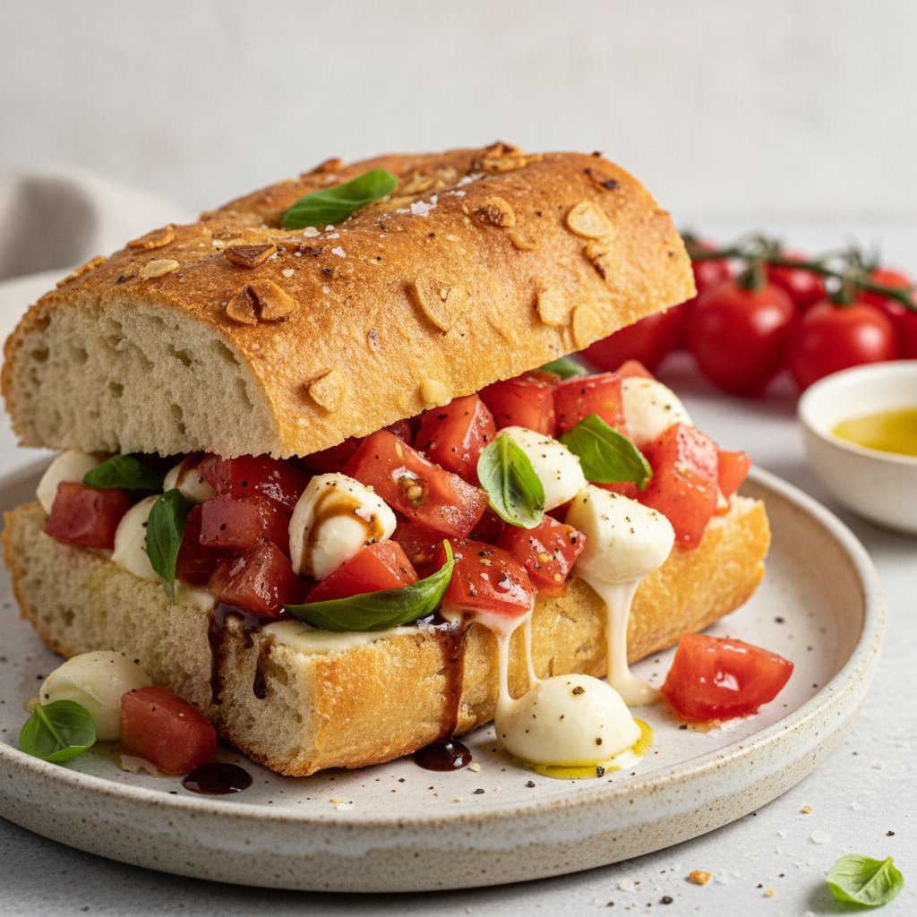 Mediterranean Chopped Caprese Sandwich on Garlic Focaccia