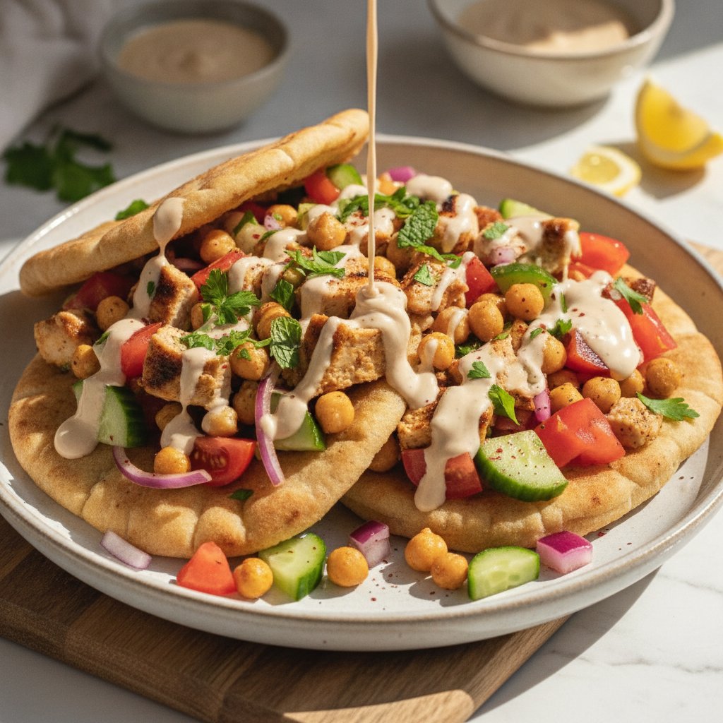 Mediterranean Chopped Chicken & Chickpea Pitas with Creamy Tahini Yogurt Drizzle