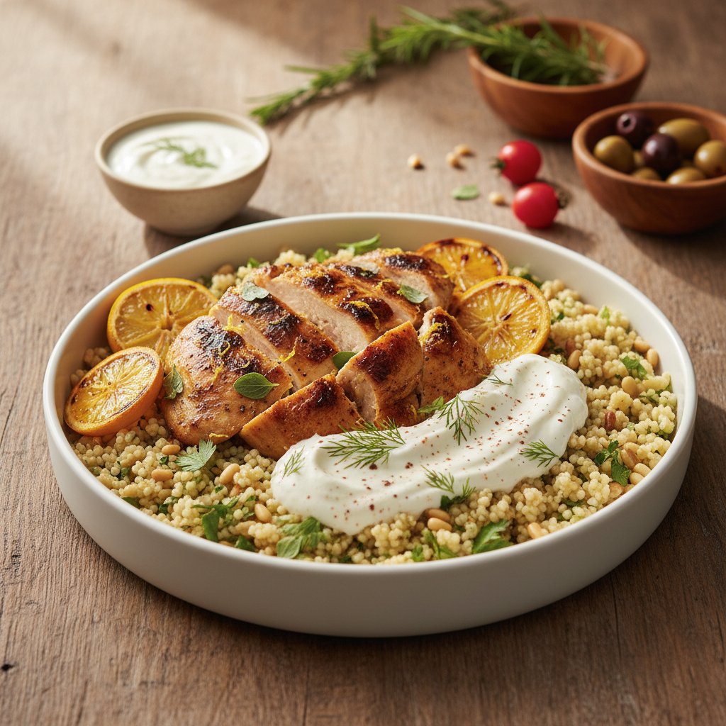 Mediterranean Citrus-Marinated Chicken with Herb Couscous and Tangy Yogurt Dressing