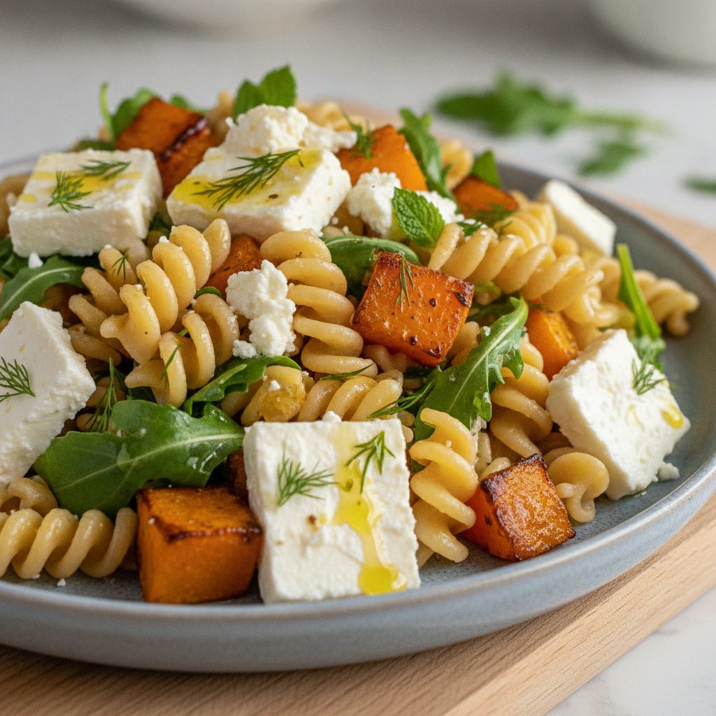 Mediterranean Feta and Chickpea Pasta with Roasted Butternut Squash and Arugula