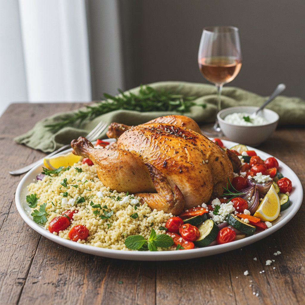 Mediterranean Lemon Chicken with Herbed Couscous and Roasted Vegetables
