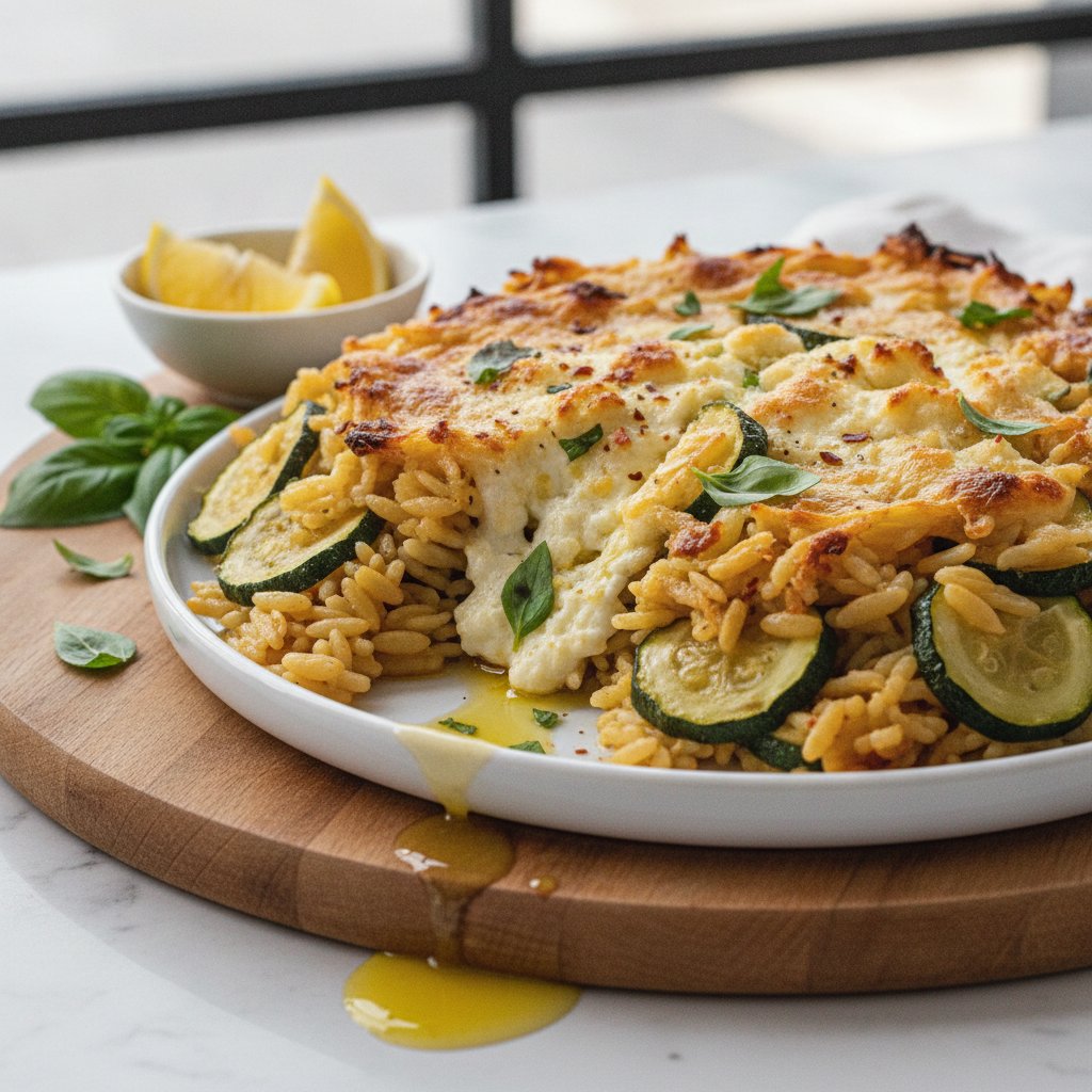 Mediterranean Lemon Feta Orzo Bake with Zucchini and Basil