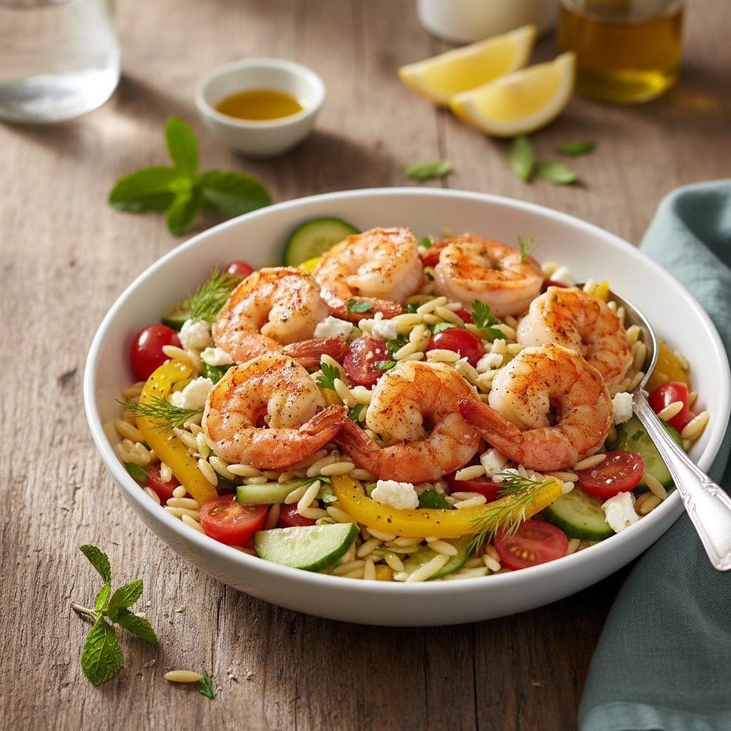 Mediterranean Lemon Orzo Salad with Grilled Shrimp